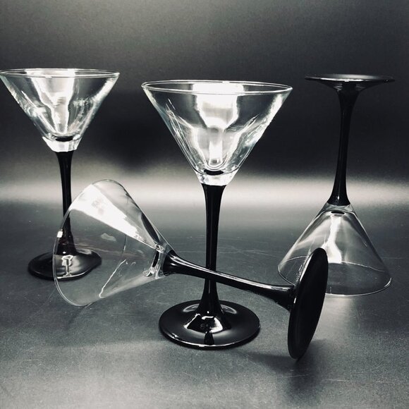 80s Black Stem Martini Glass set of 4 Cosmopolitan Domino Vintage Barware - Picture 6 of 11